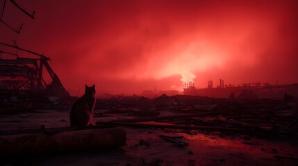 Cat perches on twisted rebar amid demolished construction site, capturing feline curiosity amid rubble surroundings