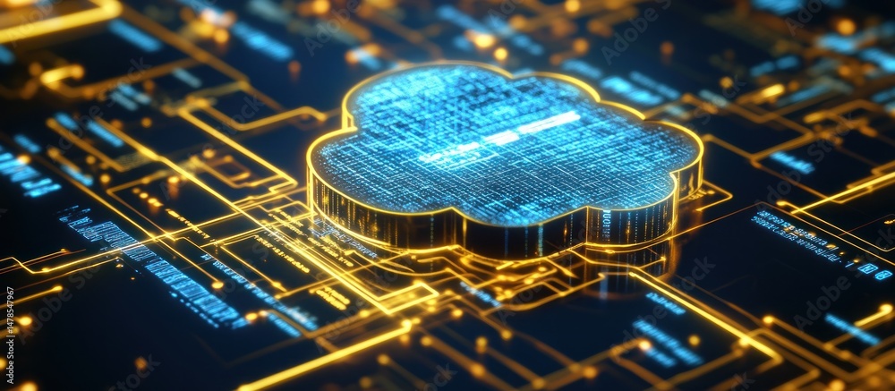 Poster illuminated digital cloud computing symbol on circuit board background symbolizes data storage conne