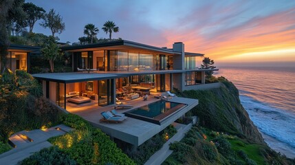 Fototapeta premium Oceanfront Luxury Villa at Sunset: California Coastal Dream Home