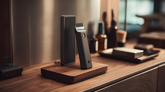 Magnetic Charging Beard Styler Resting On Brushed Metal Surface Offering Convenience And Precision Grooming Solutions