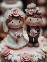 Fototapeta premium Bride and groom cake topper figurines on a pink wedding cake with rose decorations closeup sweet confection