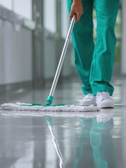 Person in scrubs mopping a shiny floor in a hospital hallway low angle view healthcare cleaning maintenance