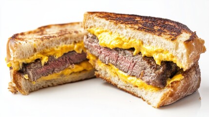 Close up of a steak sandwich cut in half on a white surface studio shot delicious food photography