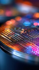 Silicon wafer close up abstract futuristic technology colorful light reflection macro shot semiconductor manufacturing innovation
