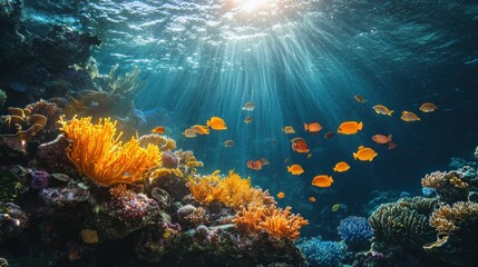 Obraz premium Vibrant Underwater Coral Reef Paradise: Sunbeams Illuminate a Colorful Ecosystem
