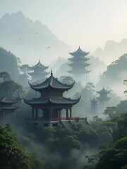 Misty chinese bridge and pavilions