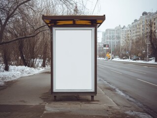 Blank billboard mockup at bus stop in city street on winter day eye level view for advertising