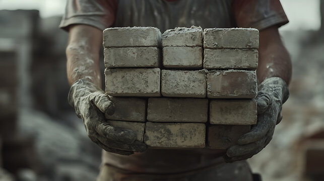 Construction Worker Holding Bricks