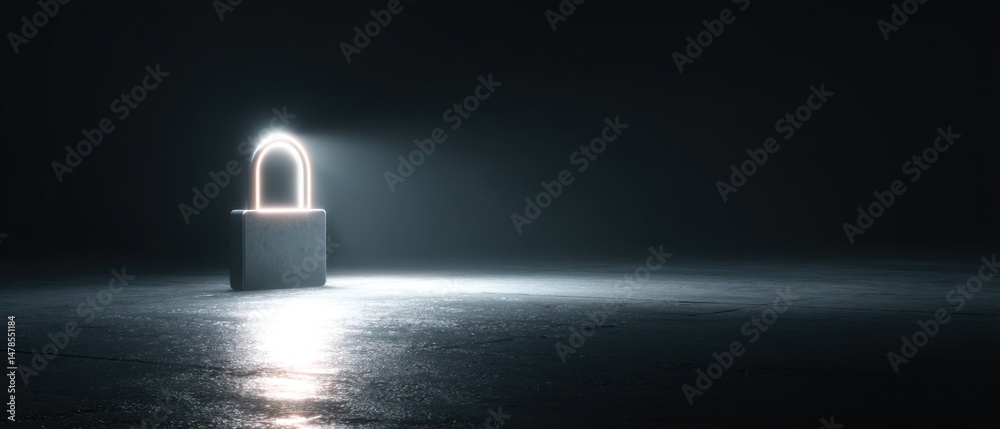 Poster glowing padlock security concept in dark industrial setting low angle shot protection and privacy sy