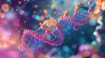 Naklejka premium vibrant dna helix rendering against a bokeh background symbolizing scientific exploration and the complexity of genetic research, showcasing its role in modern biology