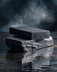 Stone podium display presentation dark background studio shot product placement photography moody natural aesthetic