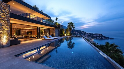 Obraz premium Luxury Villa with Infinity Pool and Breathtaking Ocean View at Dusk
