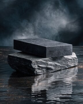 Stone podium display presentation dark background studio shot product placement photography moody natural aesthetic