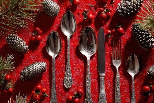 Festive Christmas Table Setting with Silverware Pine Cones and Berries on Red Background Overhead Holiday Dinner