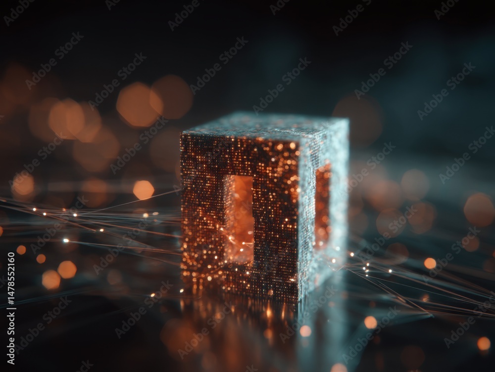 Aufkleber abstract technology cube with glowing particles and light trails on a reflective surface, conceptual