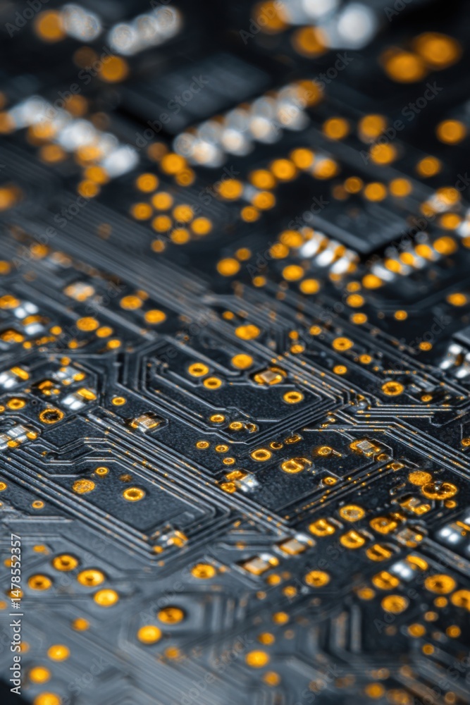 Poster Close-up of a circuit board with golden traces and components illustrating technology and connectivity in a modern design