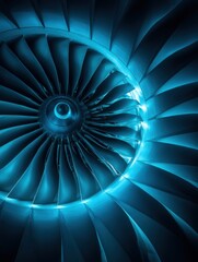 Dramatic close up of a jet engine turbine in blue light showing complex engineering and powerful design for aviation and aerospace