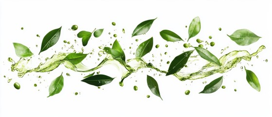 Obraz premium Green Tea Leaves and Liquid Splash on White Background Studio Shot High Angle Freshness Natural Organic Wellness
