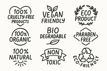 Fototapeta premium Hand drawn vegan, cruelty-free, and eco friendly product label badges set. Vector labels collection