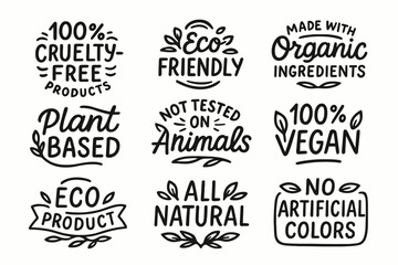 Hand drawn vegan, cruelty-free, and eco friendly product label badges set. Vector labels collection