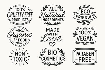 Fototapeta premium Hand drawn vegan, cruelty-free, and eco friendly product label badges set. Vector labels collection