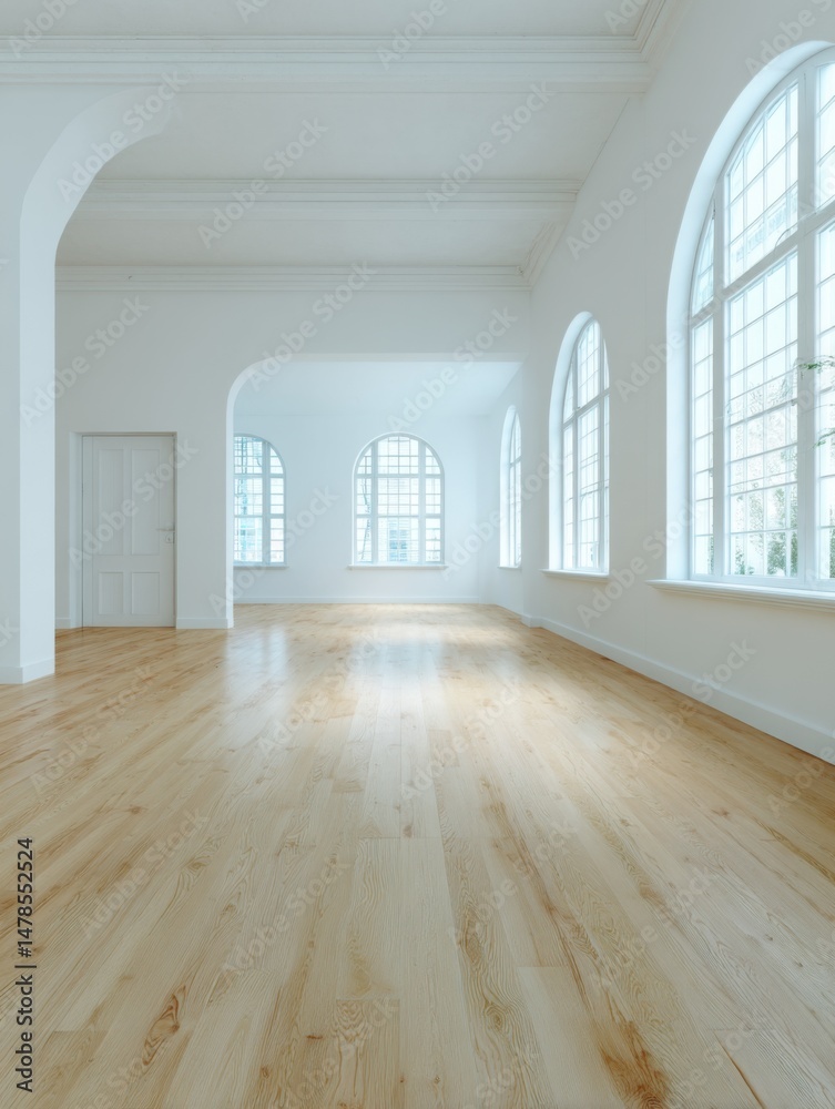 Poster interior view of empty room with arched windows and wood floor in minimalist style architecture phot