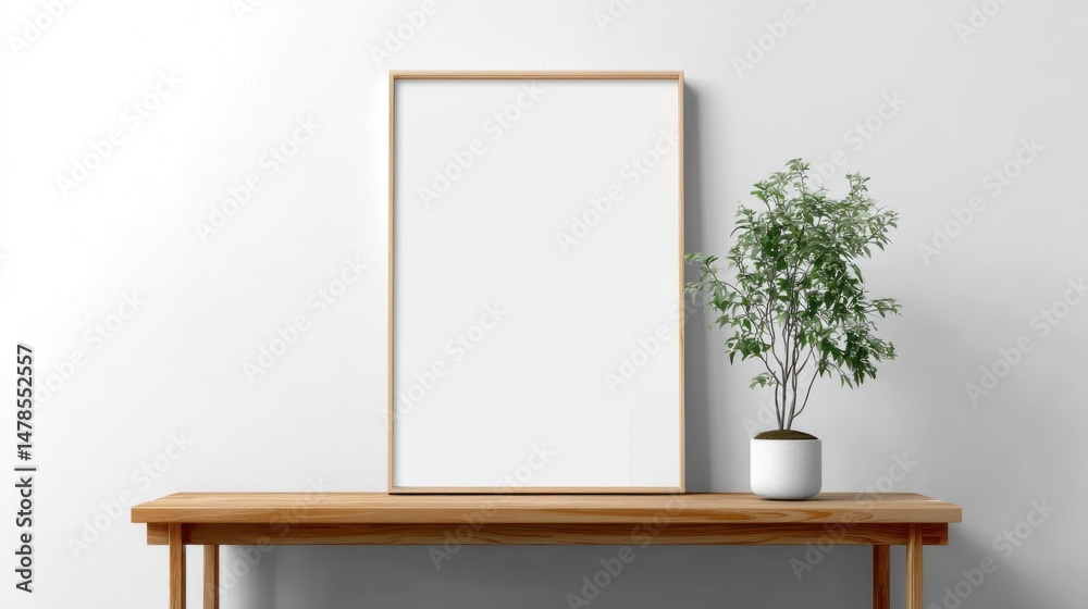 Poster minimalist frame mockup displaying on wooden table with plant in pot against white wall in bright st