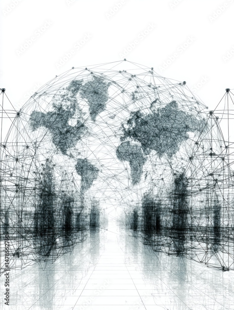 Aufkleber Global network visualization showing world map with interconnected lines and nodes on a reflective surface abstract futuristic style