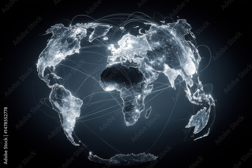 Poster Global Network Connections on World Map Globe with City Lights and Data Transfer Lines in Dark Studio