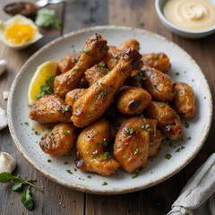 Fototapeta premium Chicken wings with honey garlic glaze and fresh herbs