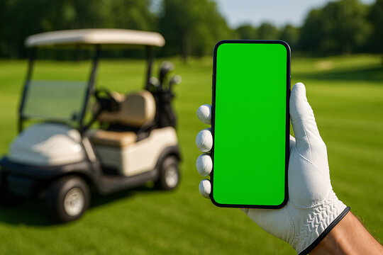 Golfer hand in white glove holding smartphone with green screen on golf course. Golf cart in background. Perfect for sports, mobile app, or outdoor lifestyle concepts. - Powered by Adobe