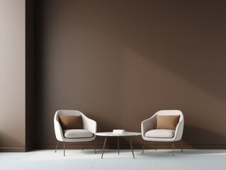Elegant Interior Scene Featuring Two Armchairs and a Marble Table Against a Brown Wall in a Modern Style