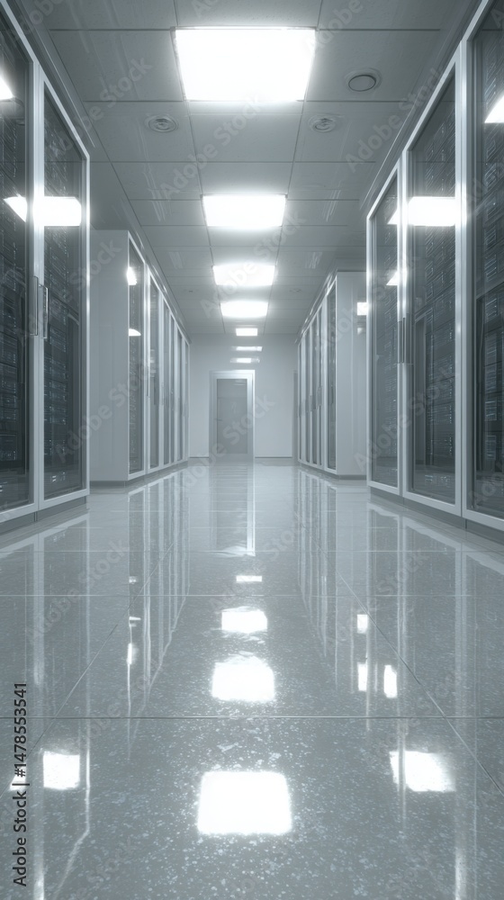 Fototapete Clean Server Room Hallway Perspective View with Rows of Data Racks and Bright Lights in a Modern Data Center