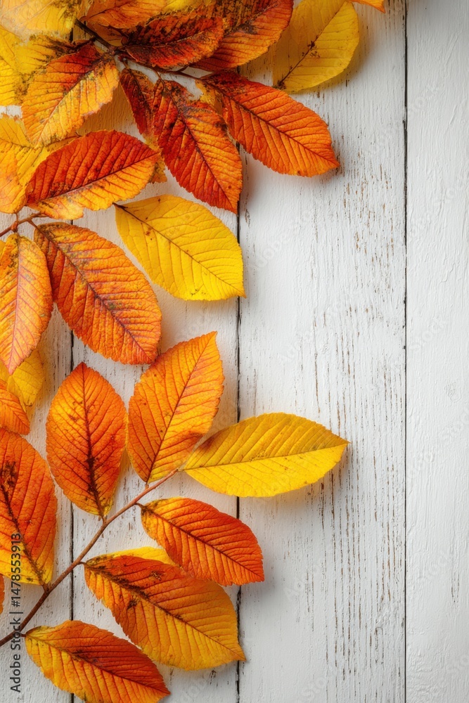 Poster autumn elm leaves displayed on white wood tabletop flat lay for seasonal backgrounds and design elem