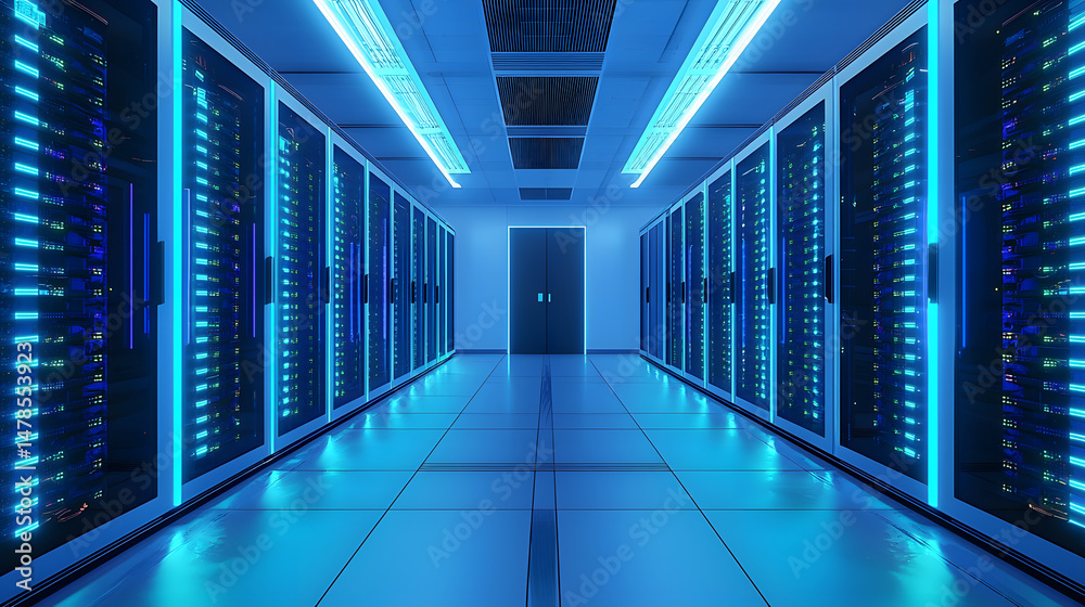 Poster visualizing high-tech server infrastructure data center digital matte futuristic environment wide-an