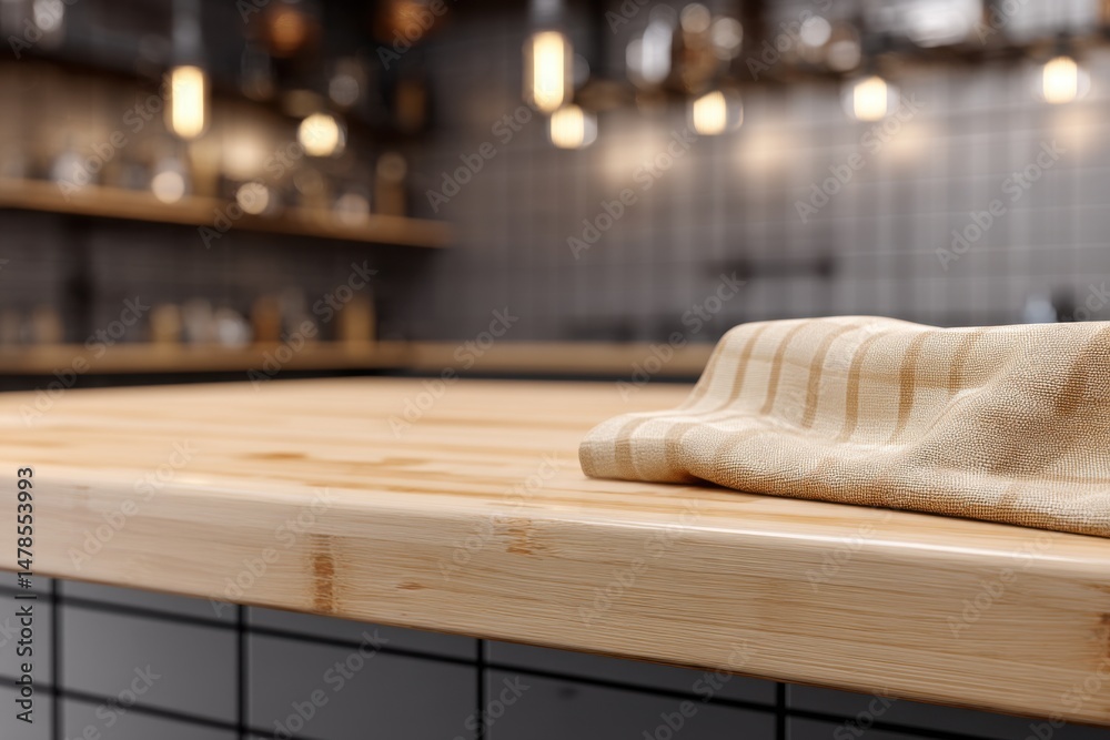 Poster kitchen counter close up with towel resting on surface in a modern style kitchen interior with blurr