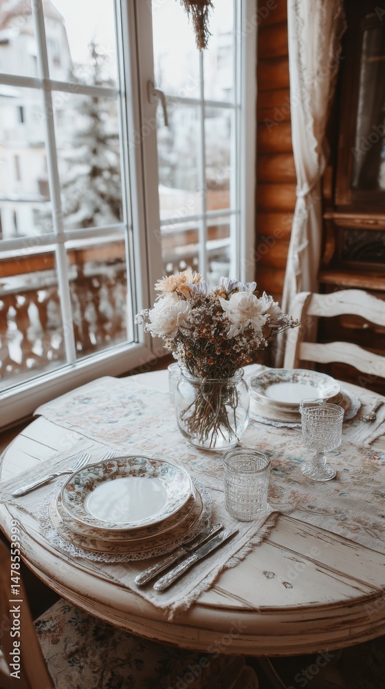 Poster rustic table setting with flowers by window in cozy cabin interior still life close up view