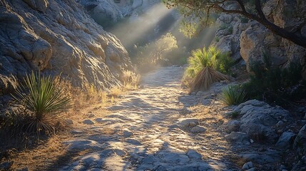 Naklejka premium Sunbeams illuminate a rocky path through rugged mountains with small desert plants beside the trail