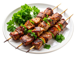 Grilled Meat Skewers with Parsley Garnish on Plate, Isolated on Transparent Background