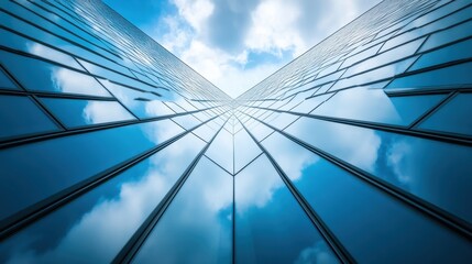 Modern skyscraper reflecting clouds and blue sky, showcasing innovative architecture