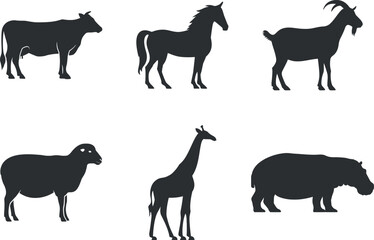 Animals Silhouette. Cow, Horse, Goat, Sheep, Giraffe, Hippo. Simple Black Silhouettes
of Farm and Wild Animals Vector Illustration