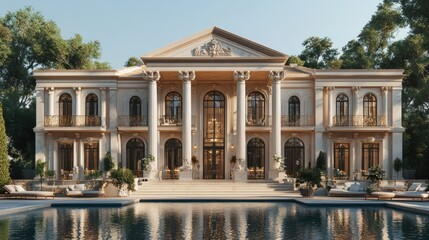 Fototapeta premium Magnificent Neoclassical Mansion with Pool: Architectural Design