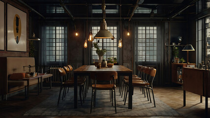 Industrial chic dining room with large windows and stylish furniture design