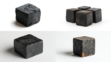 Four dark gray/black cube-shaped rocks on white background