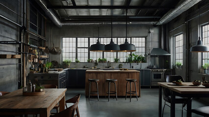 Industrial kitchen interior with exposed concrete and wood elements in a modern home