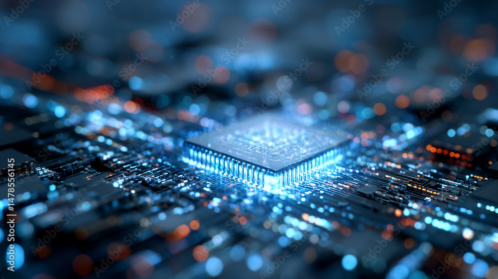 Poster advanced microchip technology and futuristic computing concept with glowing circuit board design