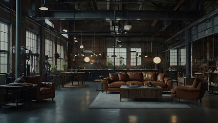 Interior of a stylish industrial loft apartment with modern furniture and design.