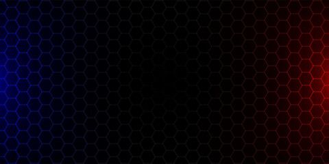 Dark red and blue hexagon abstract technology background with red and blue colored bright flashes under hexagon. Hexagonal gaming vector abstract tech background. Basic RGB