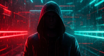 A hooded figure stands in front of a glowing digital background with red and blue light lines