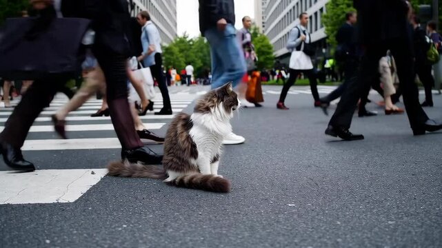 Patient cat sitting on crosswalk while crowd walks by
